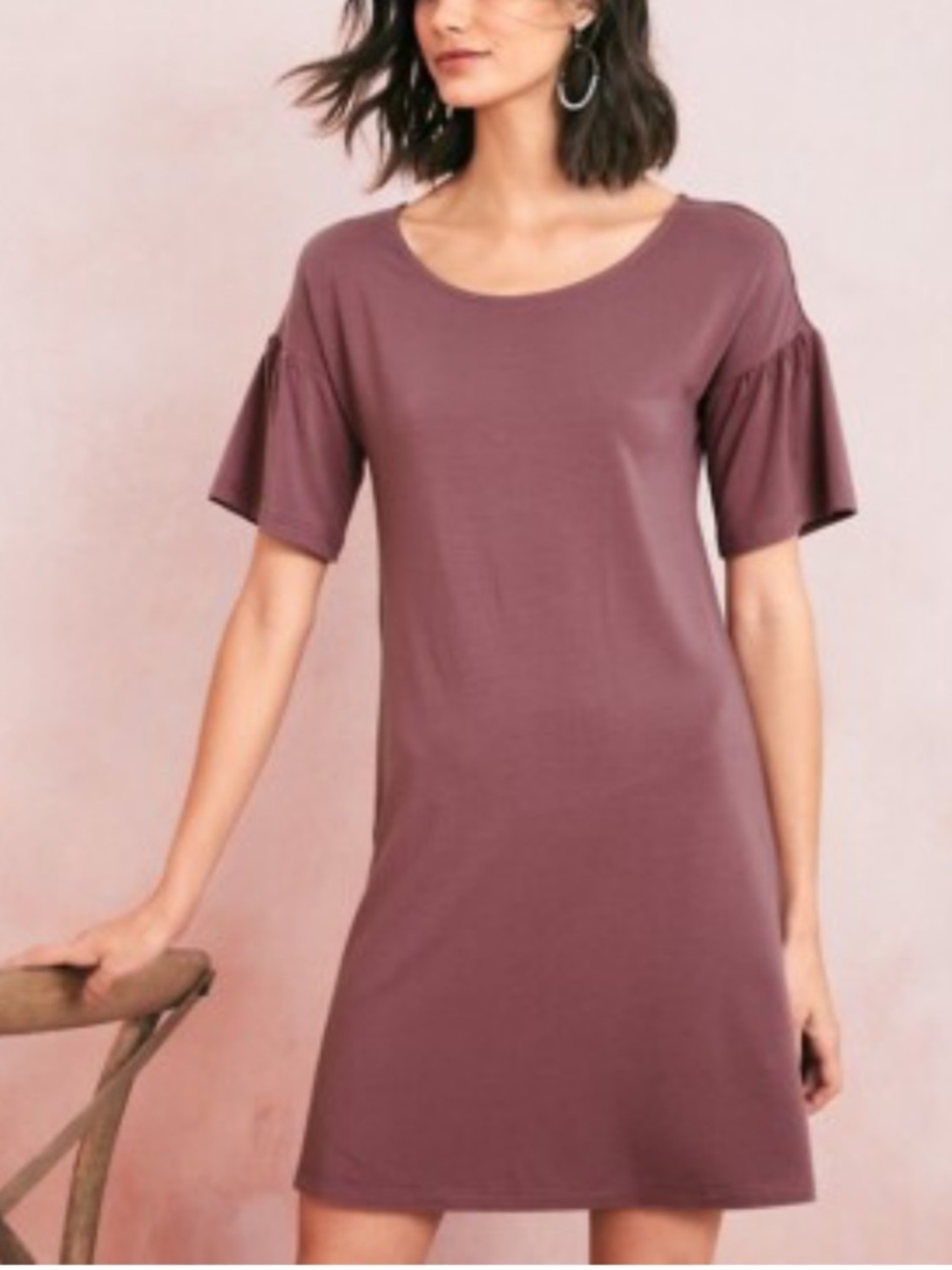 Garnet Hill Flutter Sleeve Mauve Pink Scoop Neck Tencel Stretch Mini Dress M